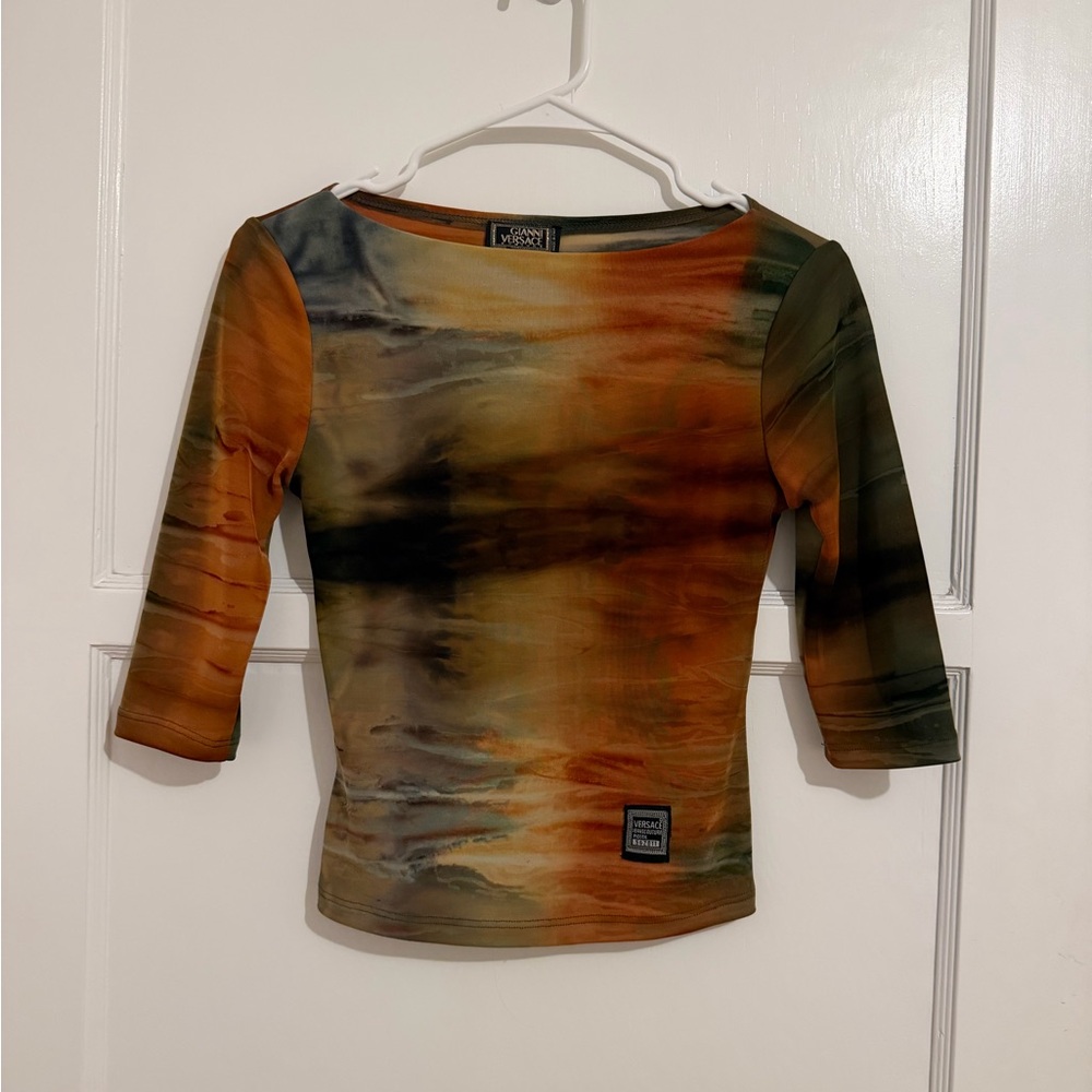 Versace Orange Multi-Tone Boatneck Long Sleeve Top Sz M